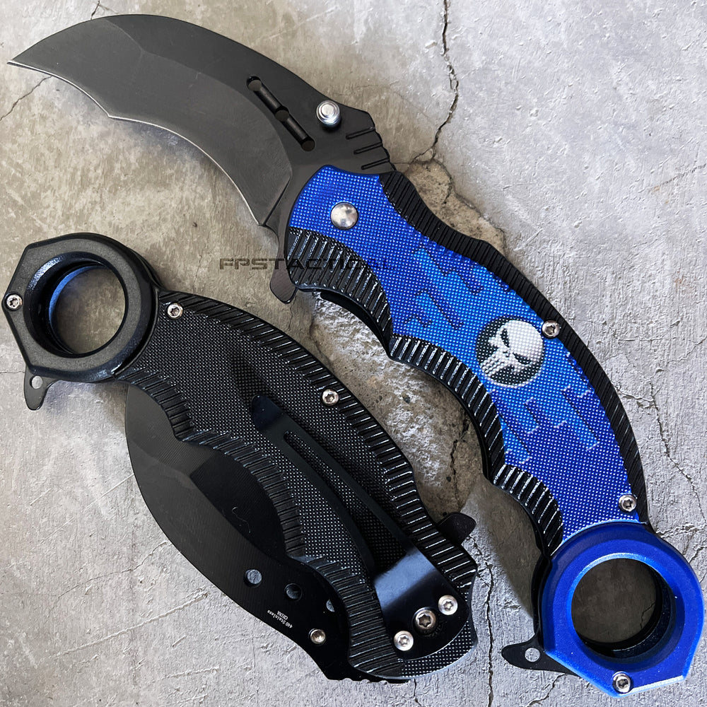 Pacific Solutions KS1682BL Police Punisher Skull Spring Assist Karambit Knife Black Blue Textured Polymer G10 Scales 2.75