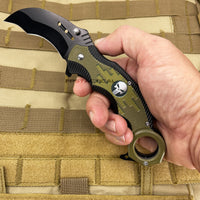 Pacific Solutions Army Punisher Skull Spring Assist Karambit Knife Black Olive Drab Green Textured Polymer G10 Scales 2.75"
