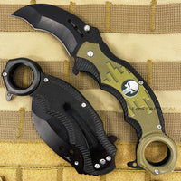 Pacific Solutions Army Punisher Skull Spring Assist Karambit Knife Black Olive Drab Green Textured Polymer G10 Scales 2.75"
