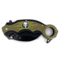 Pacific Solutions Army Punisher Skull Spring Assist Karambit Knife Black Olive Drab Green Textured Polymer G10 Scales 2.75"
