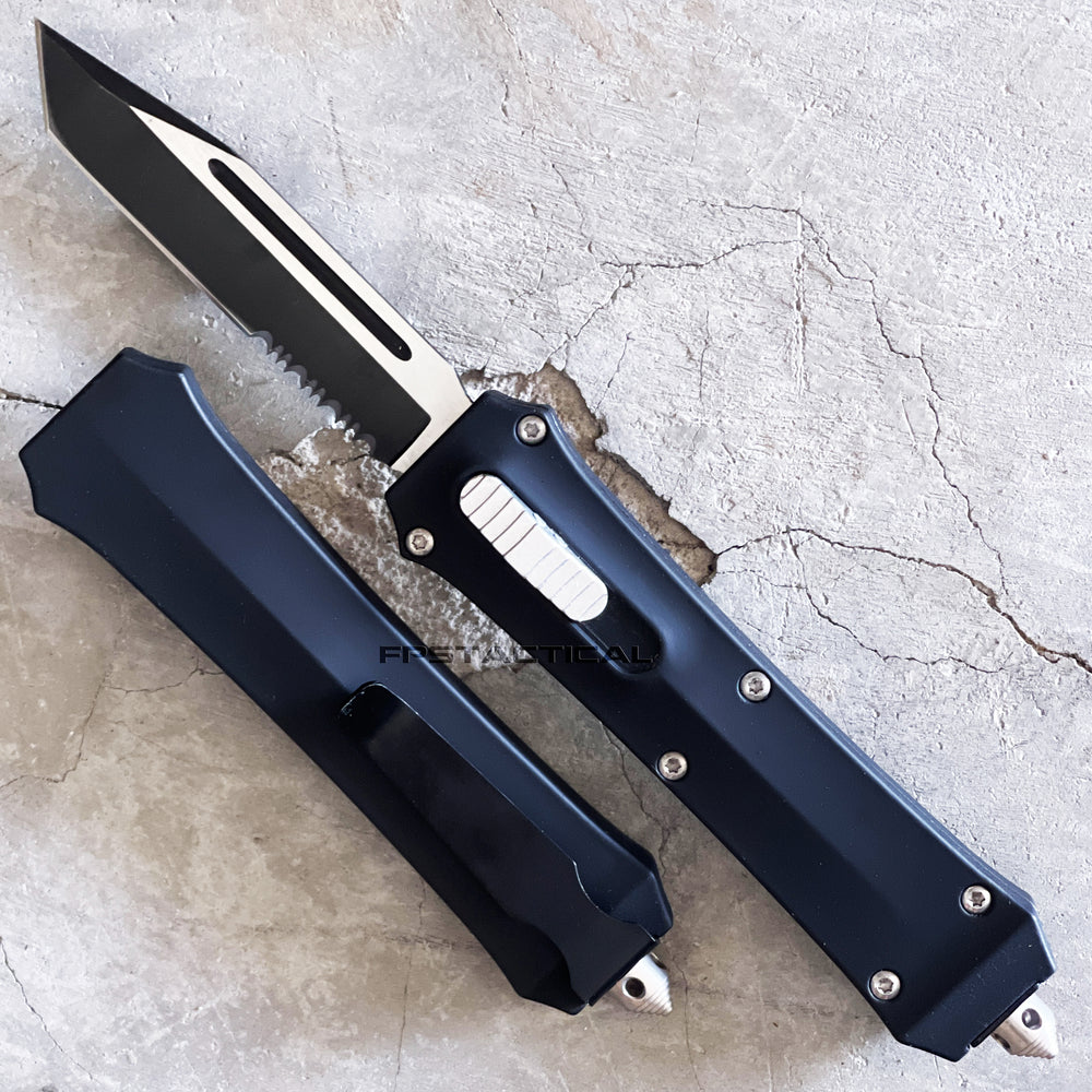 FPSTACTICAL Efficacy II OTF Knife Black & Silver w Serrated Tanto Blade and Rubberized Handle 3.5