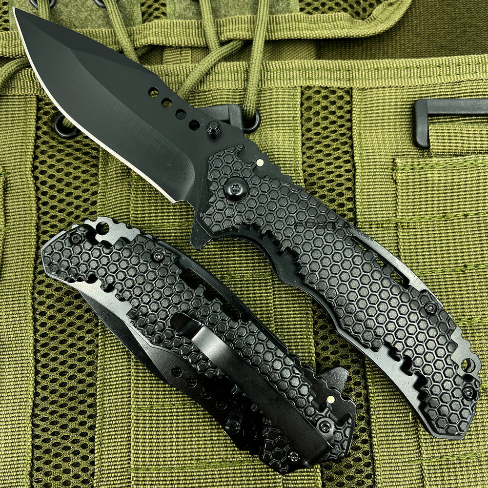 Pacific Solutions KS1696BK Black Honeycomb Grooved Spring Assisted Tactical Knife 3.75