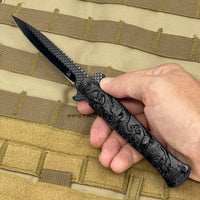 Falcon KS1110BK All Black Spring Assisted Stiletto Knife with Textured Dragon Scales 4"