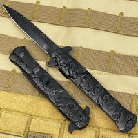 Falcon KS1110BK All Black Spring Assisted Stiletto Knife with Textured Dragon Scales 4"