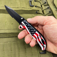 Pacific Solutions Compact Drop Point USA Flag Spring Assisted Knife Black 3" Serrated