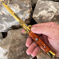 FPSTACTICAL Aurous Italian Style Stiletto Switchblade Mirror / Gold with Pakkawood Scales 4"
