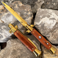 FPSTACTICAL Aurous Italian Style Stiletto Switchblade Mirror / Gold with Pakkawood Scales 4"
