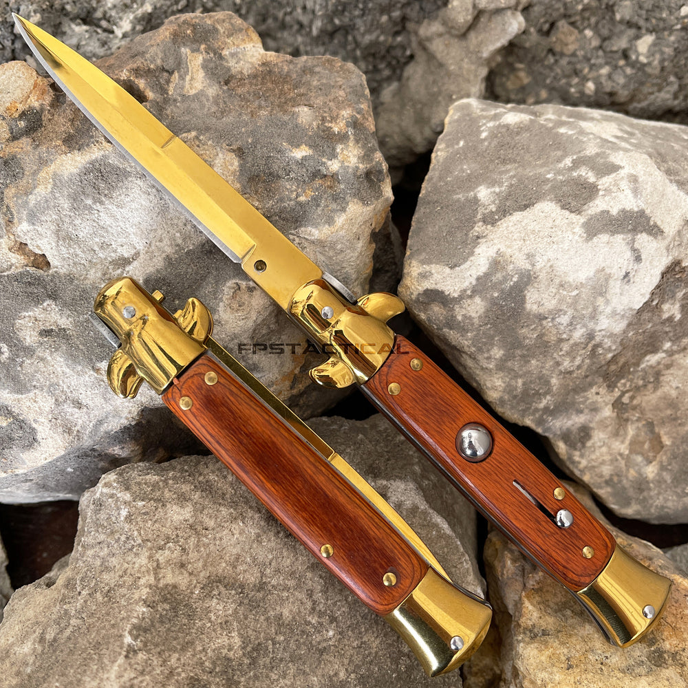 FPSTACTICAL Aurous Italian Style Stiletto Switchblade Mirror / Gold with Pakkawood Scales 4