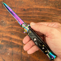 FPSTACTICAL Flaxon Italian Style Stiletto Switchblade Mirror / Iridescent Rainbow w Black Marble Scales 4"
