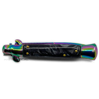 FPSTACTICAL Flaxon Italian Style Stiletto Switchblade Mirror / Iridescent Rainbow w Black Marble Scales 4"
