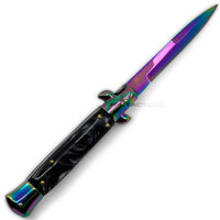 FPSTACTICAL Flaxon Italian Style Stiletto Switchblade Mirror / Iridescent Rainbow w Black Marble Scales 4"
