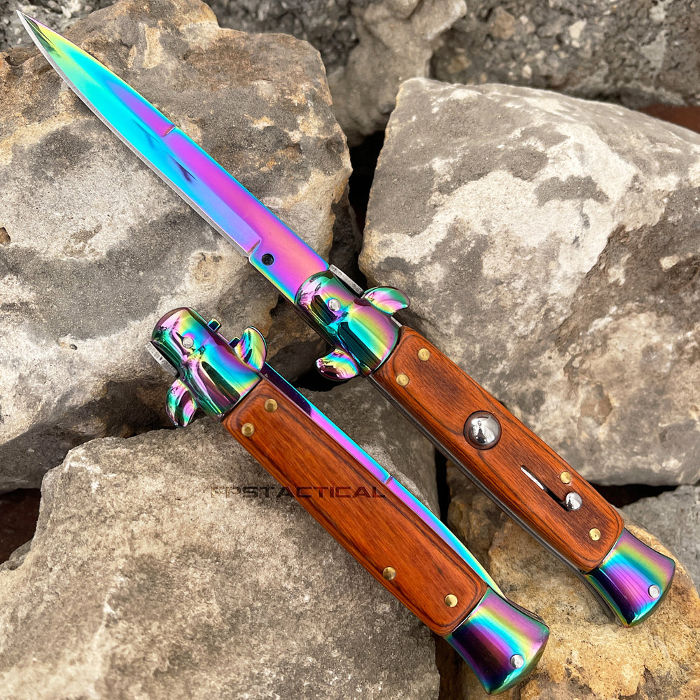 FPSTACTICAL Hue Italian Style Stiletto Switchblade Mirror / Iridescent Rainbow with Pakkawood Scales 4
