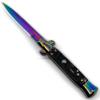 FPSTACTICAL Flaxon Italian Style Stiletto Switchblade Mirror / Iridescent Rainbow w Black Marble Scales 4"
