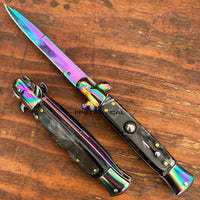 FPSTACTICAL Flaxon Italian Style Stiletto Switchblade Mirror / Iridescent Rainbow w Black Marble Scales 4"
