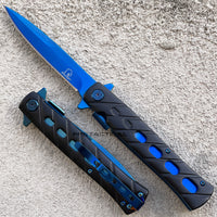 Falcon KS1108BB Black and Blue Mirror Finish Grooved Handle Spring Assisted Stiletto Knife 4"