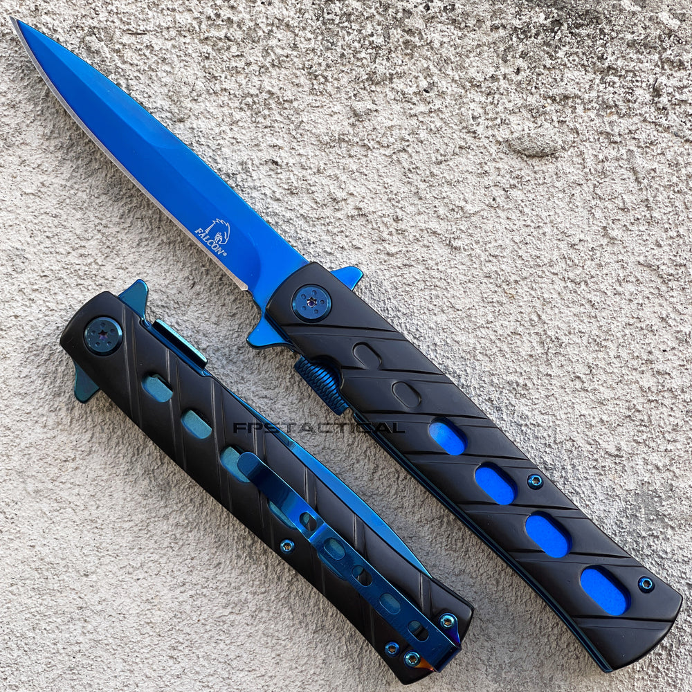 Falcon KS1108BB Black and Blue Mirror Finish Grooved Handle Spring Assisted Stiletto Knife 4