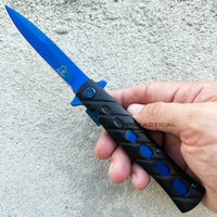 Falcon KS1108BB Black and Blue Mirror Finish Grooved Handle Spring Assisted Stiletto Knife 4"