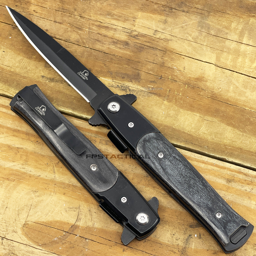 Falcon Classic Spring Assisted Stiletto Pocket Knife Black with Black Ash Wood Scales 3.75
