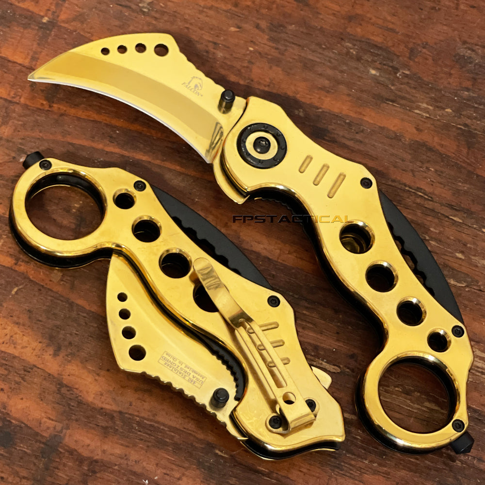 Falcon KS3393GD Mirror Finish / Chrome Gold Karambit Spring Assisted Tactical Knife 2.5