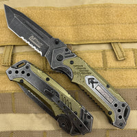 MTech Evolution Gray / Black Stonewash and Olive Drab Green Spring Assisted Tactical Knife 3.5" MTE-A026-GN