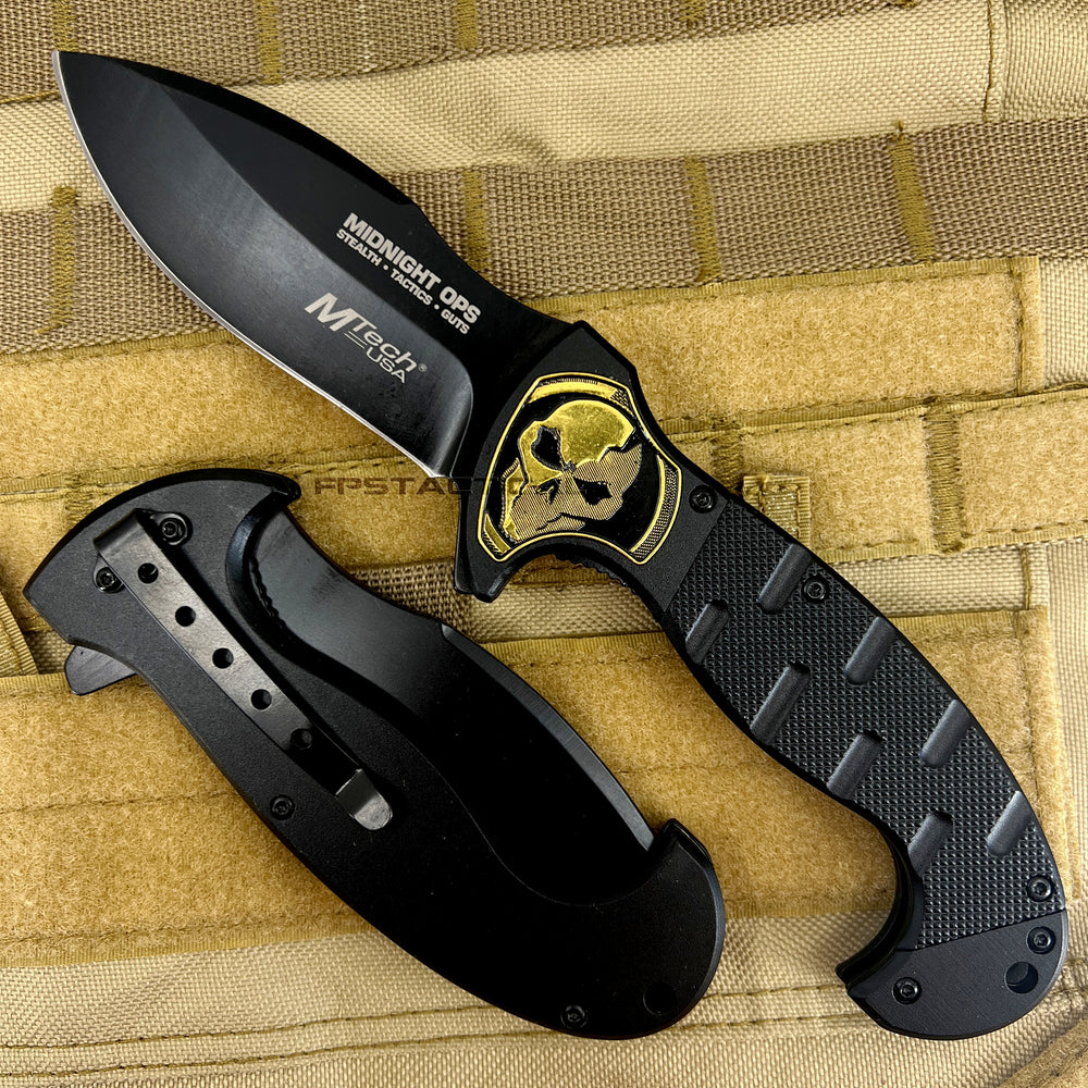 MTech USA Heavy Duty Midnight Ops w Gold Textured Skull Spring Assisted Knife Black 4