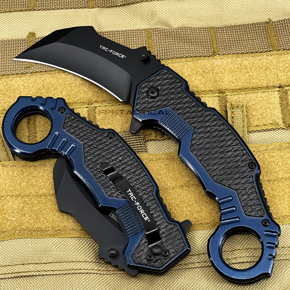 Tac-Force Blue & Black Karambit Spring Assisted Tactical Knife w Glass Breaker & Rubberized Grip 3