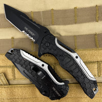 Tac-Force Pewter Gunmetal / Silver & Black Spring Assisted Combination Tanto / Serrated Blade EDC Knife 3.5"
