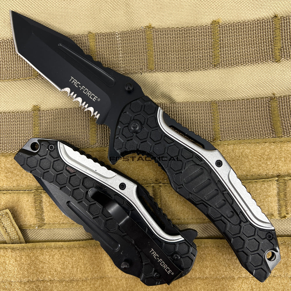 Tac-Force Pewter Gunmetal / Silver & Black Spring Assisted Combination Tanto / Serrated Blade EDC Knife 3.5