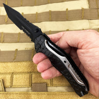 Tac-Force Pewter Gunmetal / Silver & Black Spring Assisted Combination Tanto / Serrated Blade EDC Knife 3.5"
