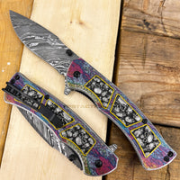 Dark Side Damascus Etched Grey / Silver Multi Color Skulls Spring Assisted Fantasy Pocket Knife 3.5"
