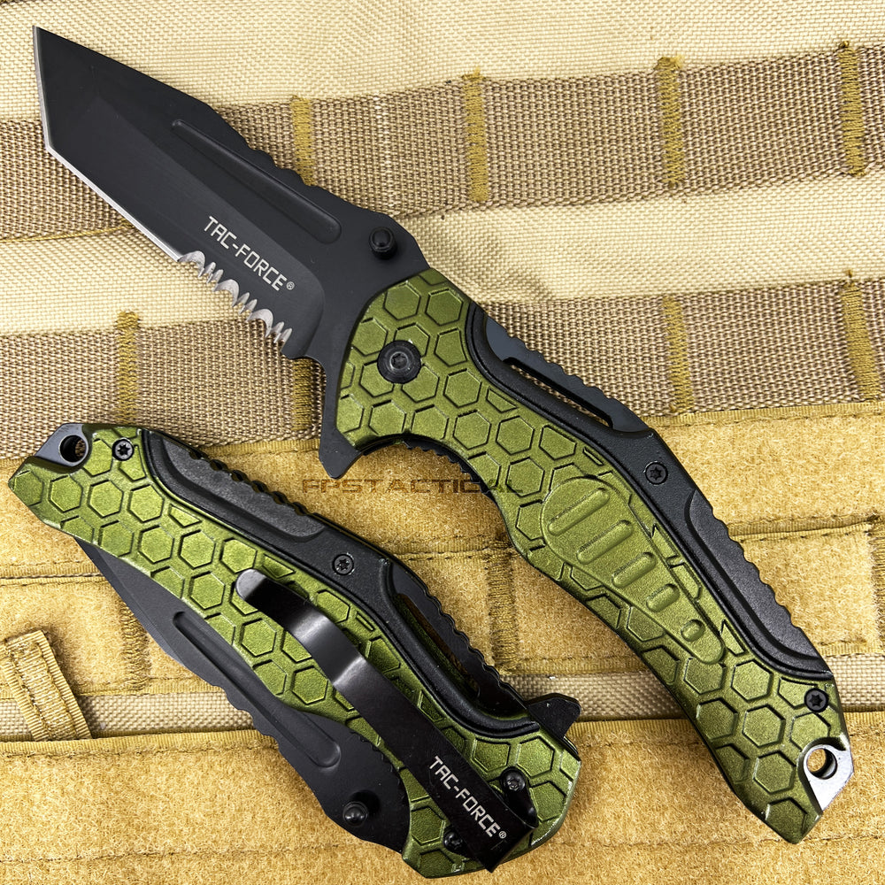 Tac-Force Pewter Olive Drab Green & Black Spring Assisted Combination Tanto / Serrated Blade EDC Knife 3.5