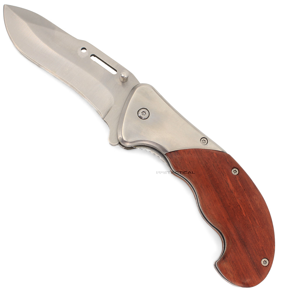 Pacific Solutions Spring Assisted Hunting Knife with Extended Grip Wooden Handle Silver & Brown 3.5