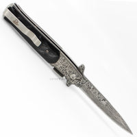 Falcon Damascus Silver and Black Marble (Pearlex) Spring Assisted Stiletto Knife 3.75"
