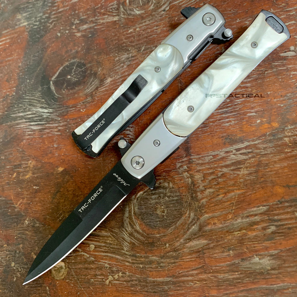 Tac-Force Milano Spring Assisted Stiletto Pocket Knife Black with White Pearlex 3.75