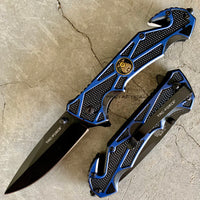 Tac-Force Police Logo Spring Assisted Textured Rescue Knife Blue & Black 3.5"
