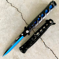 MTech USA Black and Blue Grooved Handle Spring Assisted Stiletto Knife 4"