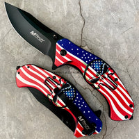 MTech USA Flag Textured 3D Punisher Skull Spring Assisted Knife Red / White / Blue & Black KS-A1025A 3.75"
