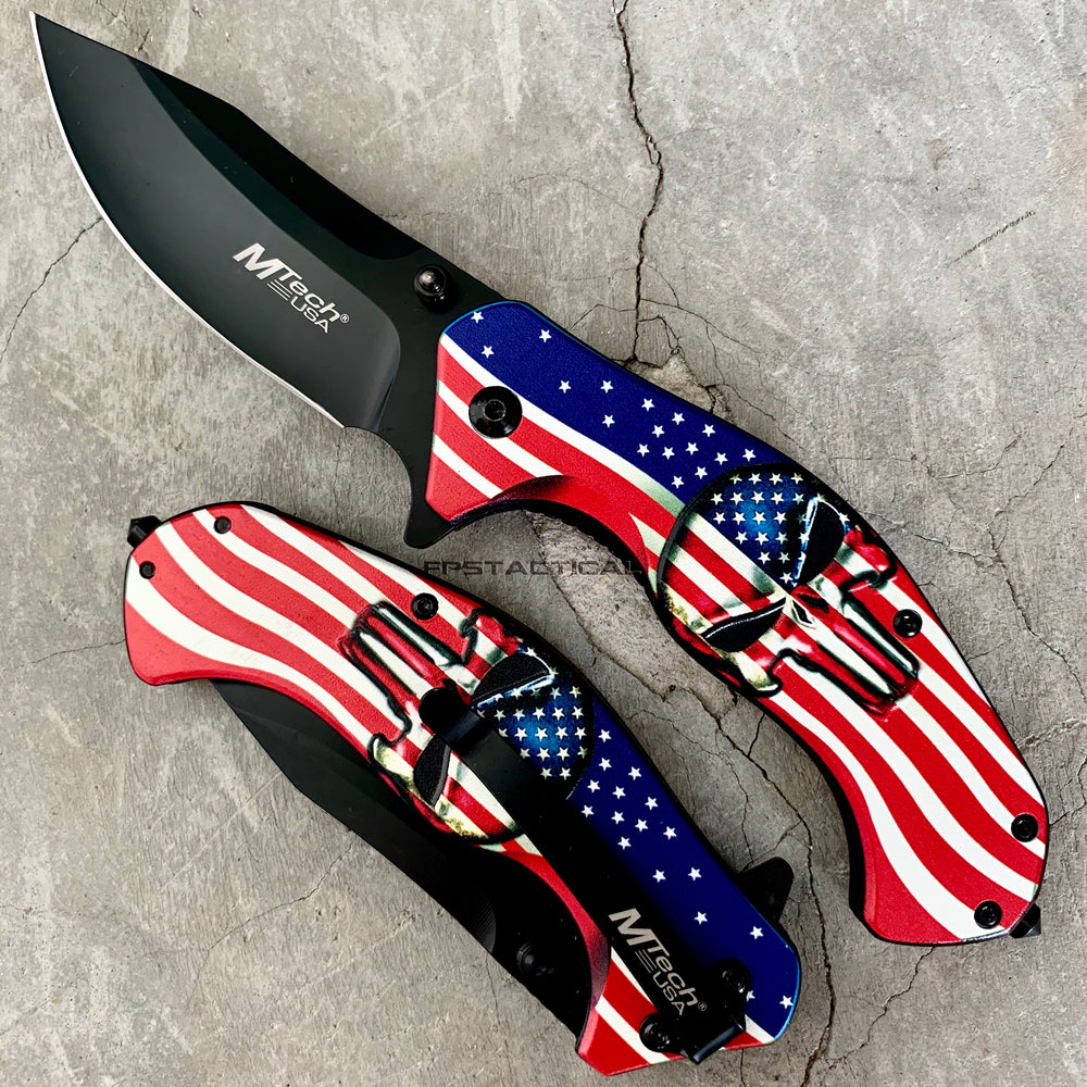 MTech USA Flag Textured 3D Punisher Skull Spring Assisted Knife Red / White / Blue & Black KS-A1025A 3.75