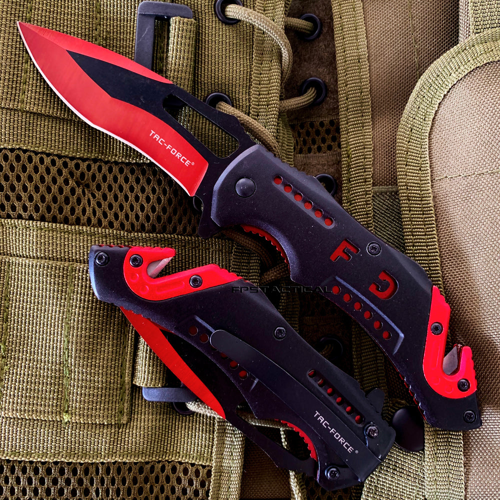 Tac-Force Firefigther / Fire Department Spring Assisted Rescue Survival Knife Red & Black 3.5