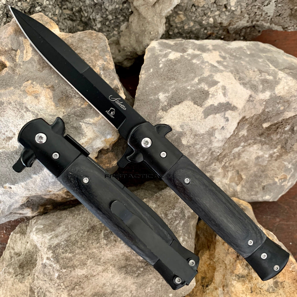 Falcon KS6008BBK All Black Spring Assist Stiletto Knife w Black Ash Wood Scales 3.75