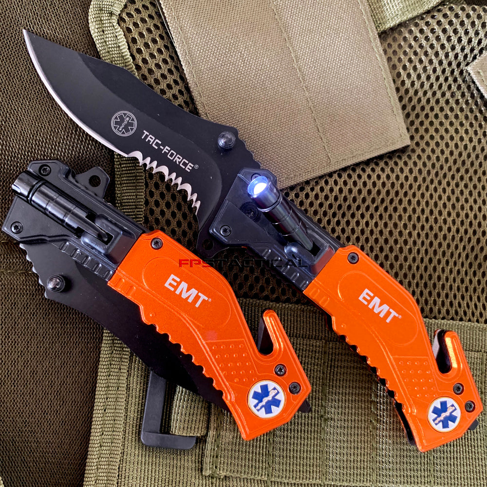 Tac-Force EMS / EMT Spring Assisted Tactical Rescue Knife w/ Integrated Flashlight Orange & Black 3.75
