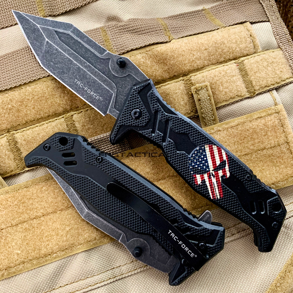 Tac-Force USA Punisher Skull Spring Assisted Tactical Knife w Stonewash Blade & G10 Scales Black / Red / White / Blue 3.5