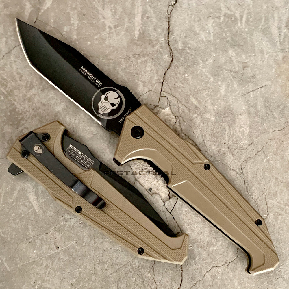 Tac-Force Midnight Ops Black Spring Assisted Skull Knife with G10 Desert Tan Scales 3.75