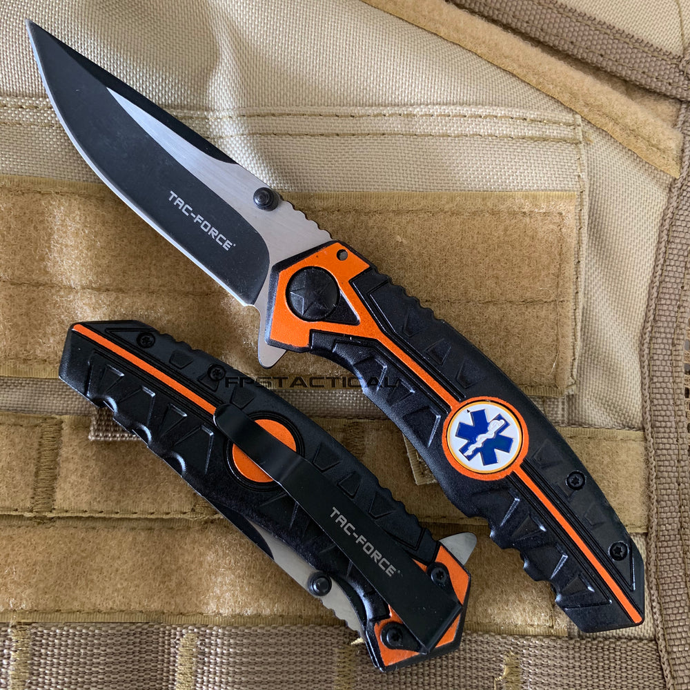 Tac-Force EMT / EMS Drop Point Spring Assisted Tactical Rescue Knife Black & Orange 4