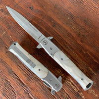 Tac-Force Milano Spring Assisted Stiletto Pocket Knife Silver with White Pearlex 3.75"
