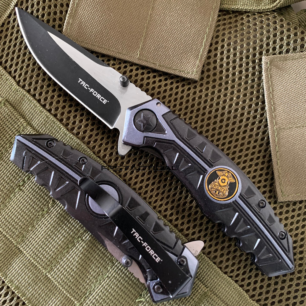 Tac-Force Police Shield Drop Point Spring Assisted Tactical Rescue Knife Black & Blue 4