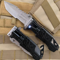 MTech USA Officially Licensed Marines Tactical Spring Assisted Knife w Integrated Flashlight Black / Silver 4"
