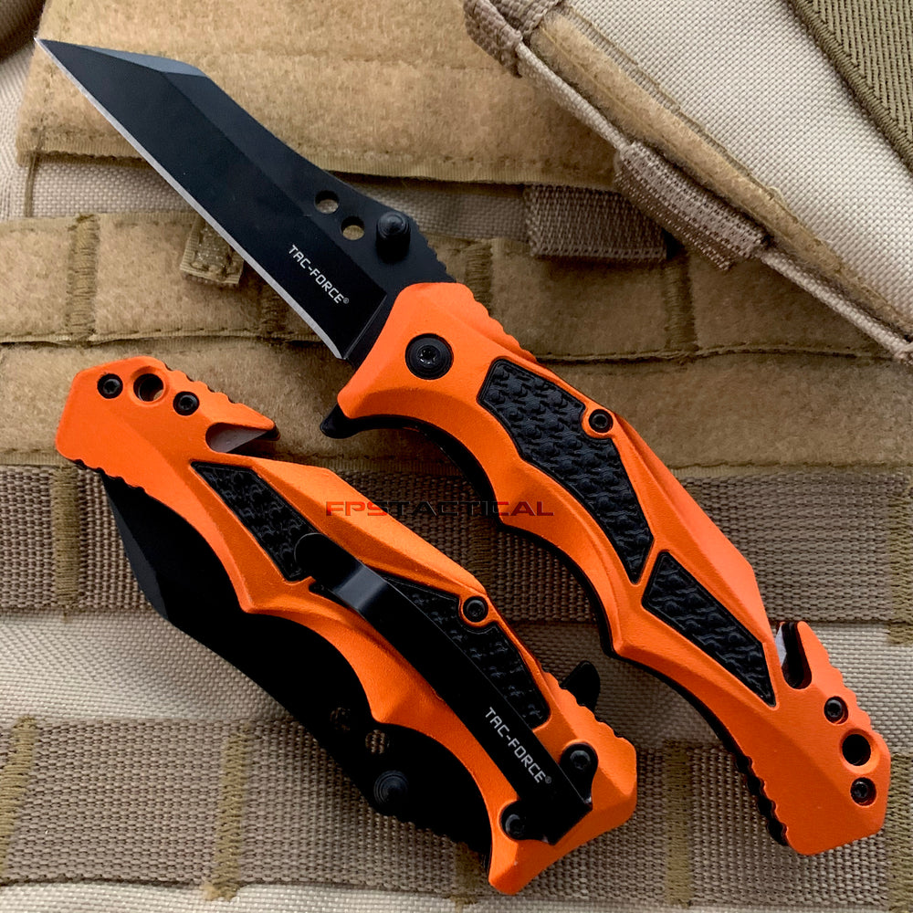 Tac-Force EMS / EMT Spring Assisted Rescue Knife Black / Orange w Aluminum Scales and G10 Inlay 3.5