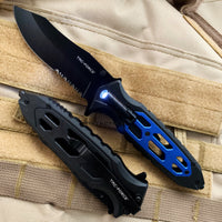 Tac-Force Black and Blue Spring Assisted Tactical Rescue Knife with Integrated LED Flashlight 4"
