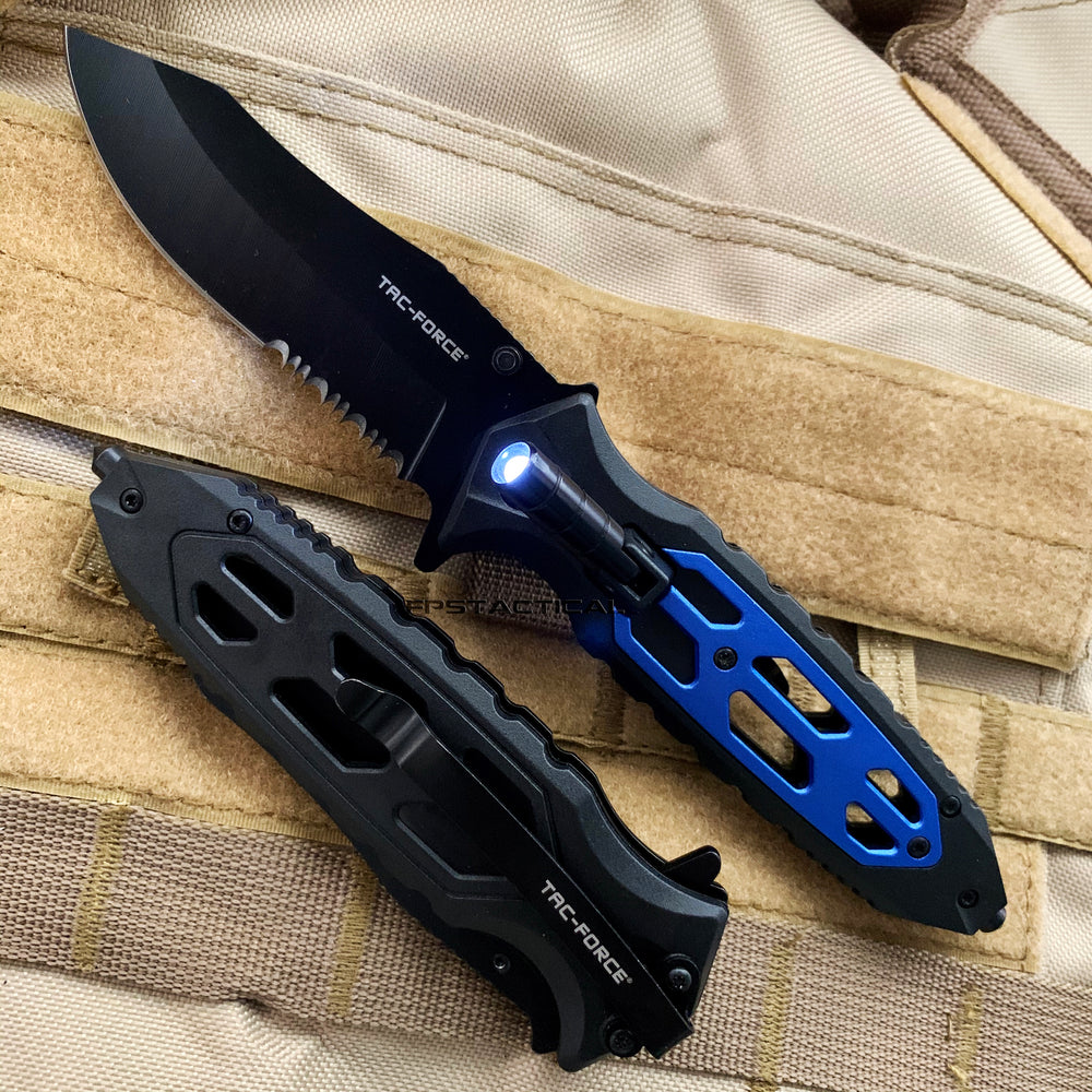 Tac-Force Black and Blue Spring Assisted Tactical Rescue Knife with Integrated LED Flashlight 4